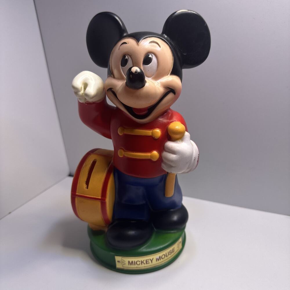 Vintage Mickey Mouse Coin Piggy Bank Disney Rubber Plastic Marching Band Drummer